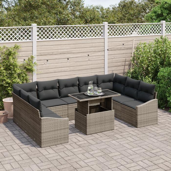 VidaXL Ensemble de canapé de jardin 10 pièces avec coussins gris en rotin poly 3349065