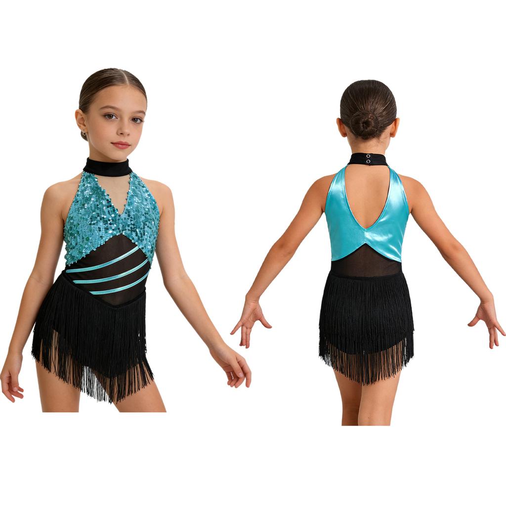 Mädchen Cha-cha Salsa Performance-Leotard: Ärmelloses Neckholder-Kleid mit Pailletten und Fransen, Netz-Taille, Schlüsselloch, Metallic-Rücken für Bühnenkostüm