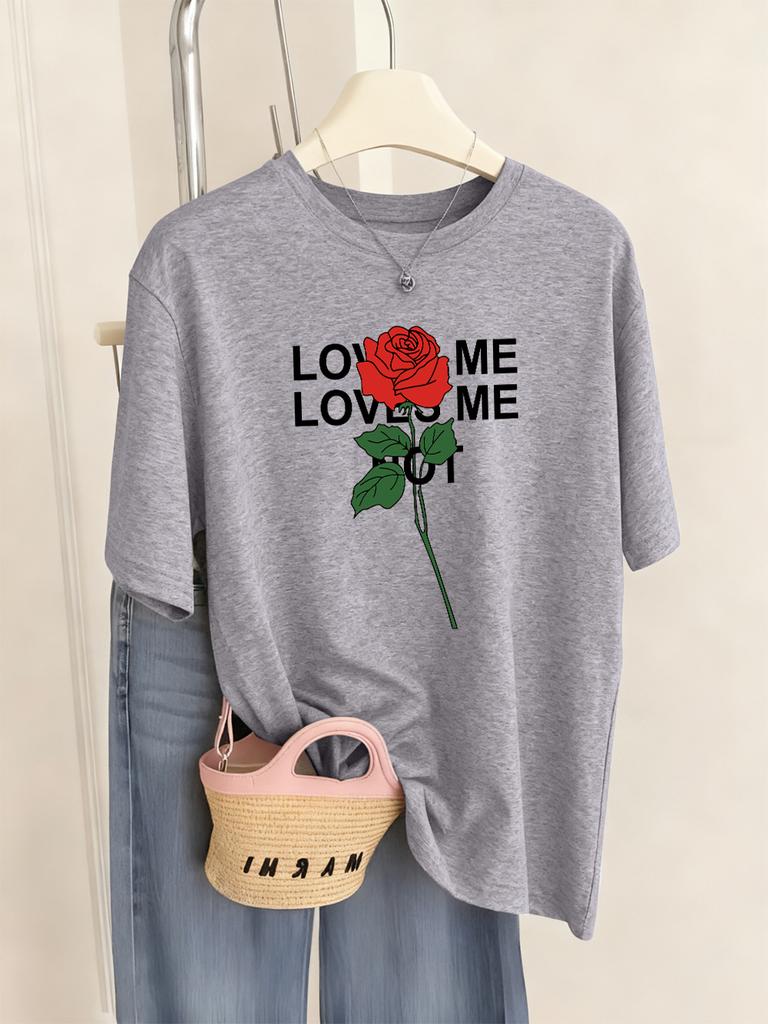 Loved Me Rose Flower Printed TShirts Women Casual ONeck Short Sleeve Tops Comfortable Loose T Shirt Summer Soft Womans Clothes