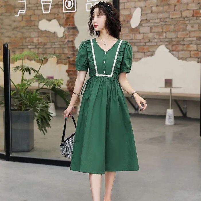 Forest-Style Puff Sleeve A-Line Dress: Summer French Waist-Cinching Mid-Length Skirt with Contrasting Colors
