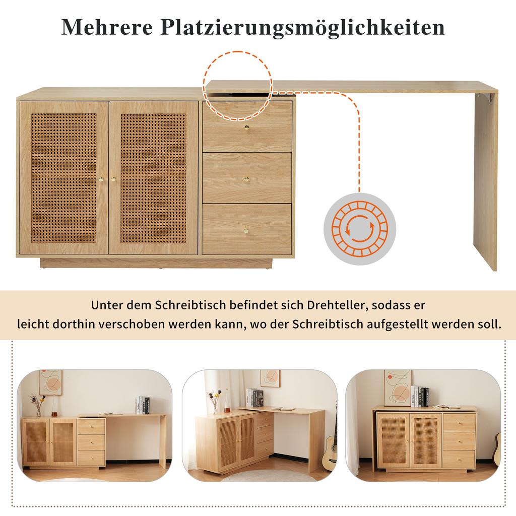 Desk, L-Shaped Corner Table, Computer Table with Rattan Doors, Dressing Table, White 126 cm
