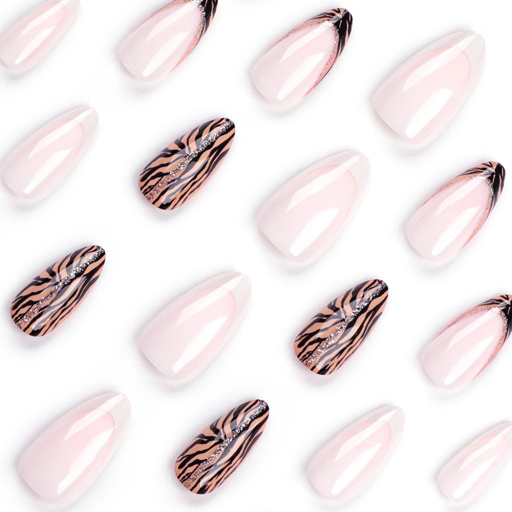 24 Pieces Nude French White Edge Manicure Piece Simple Zebra Pattern Nail Short Almond Nail Piece
