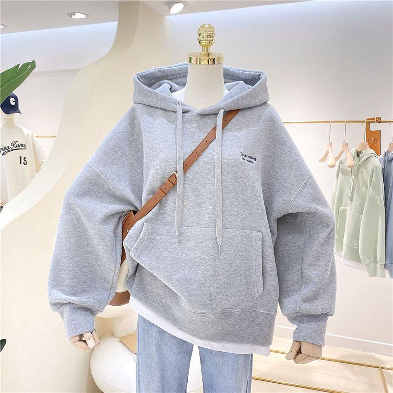 Women's Fleece-Lined Patchwork Hooded Sweatshirt - 2025 Autumn/Winter Korean Style Embroidered Loose Fit