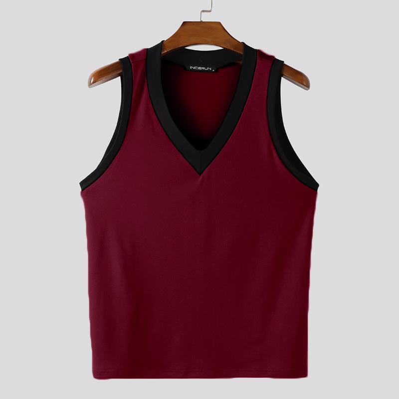 INCERUN Men V Neck Sleeveless Stitching Casual Slim Tank Tops Undershirts