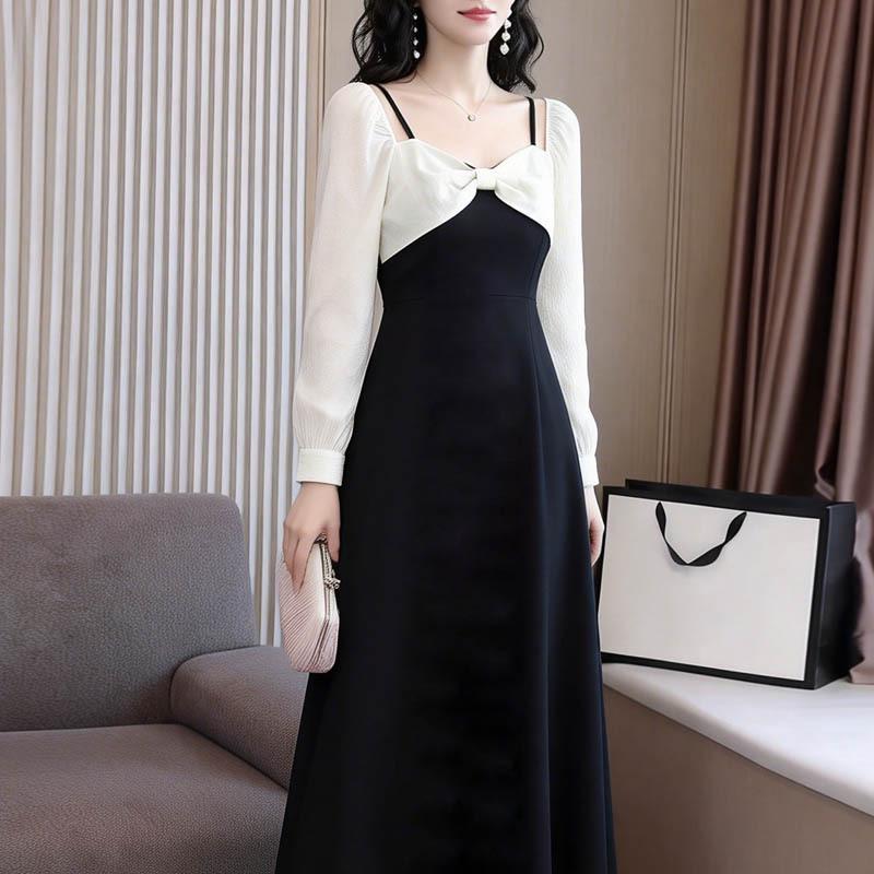 2026 Chic Retro Plus Size Patchwork Color Block Midi Dress for Women - High Waist Slimming Mother's Wear