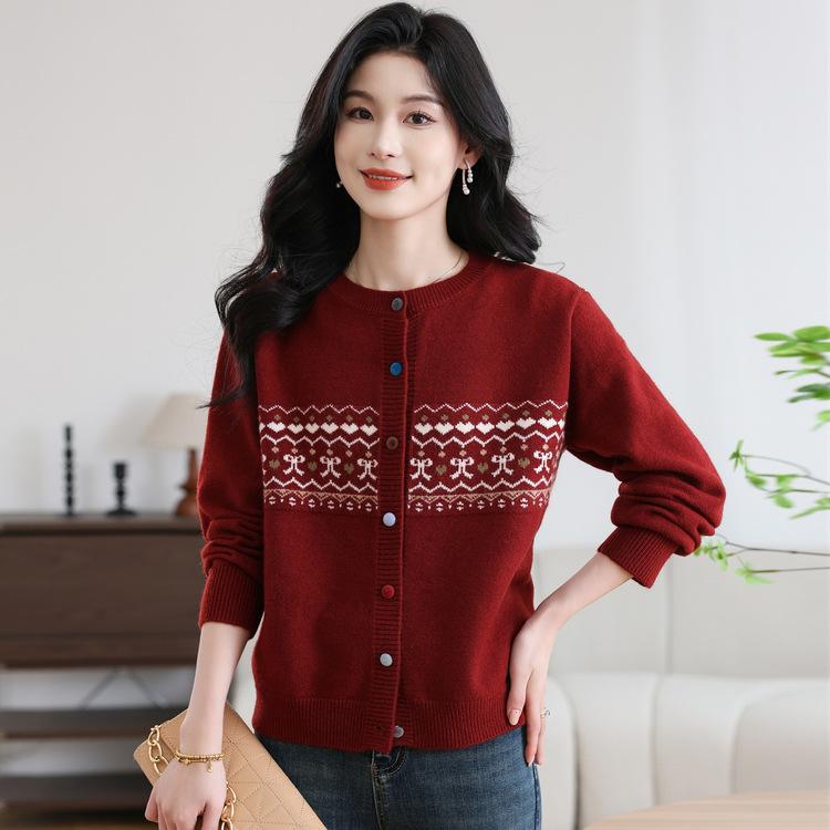 Autumn and Winter New Loose and Comfortable Casual Women's Sweater Retro Contrasting Color Jacquard Knitted Cardigan