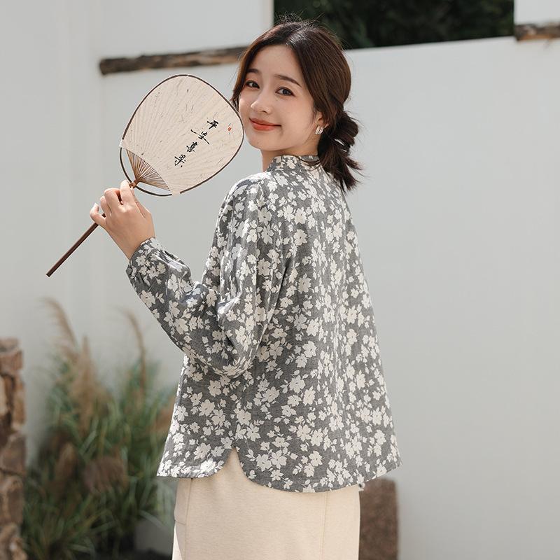 Johnature Women Vintage Shirts Tops Print Floral Stand Long Sleeve Autumn Blouses Button Shirts