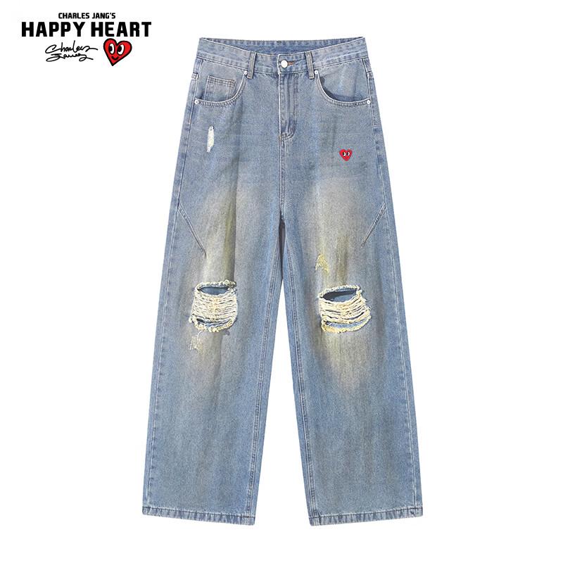 Charles Peach Heart American Distressed Ripped Straight Jeans S