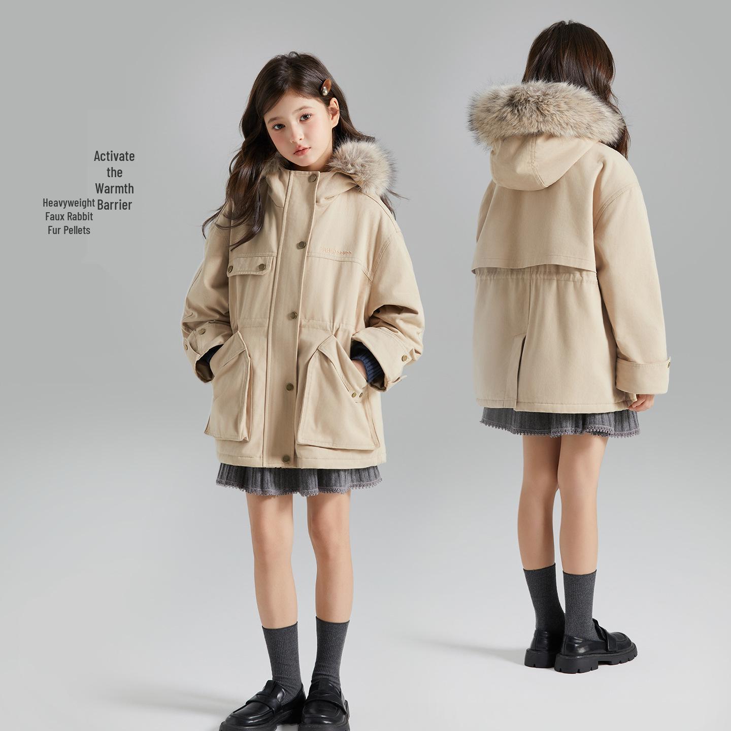 Girls  Heavyweight Windproof Workwear Parka with Faux Rabbit Fur Collar and Multi-Pockets 140 cm