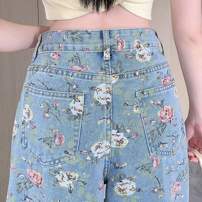Floral wide-leg jeans women's casual high-waisted hips covering thin loose straight denim wide-leg pants women Light Wash High-waisted Casual Pants