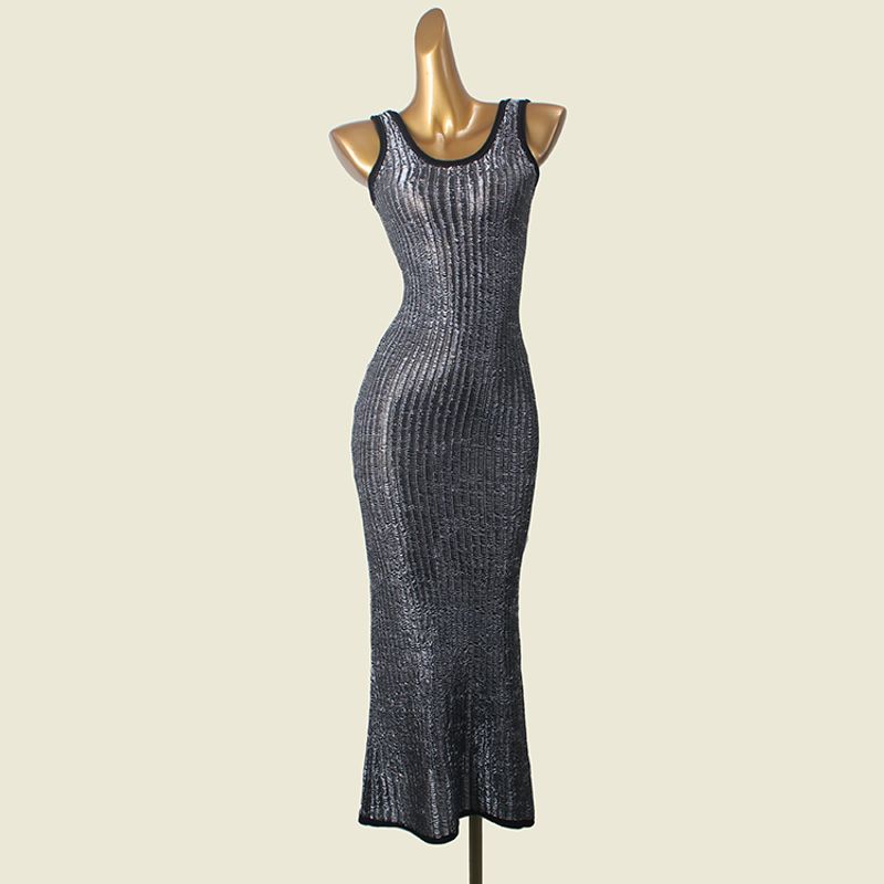 Water Hairtail Beautiful Gold and Silver Silk Knitting Long Dress Foreign Trade Original Order Fashion Sleeveless Color Matching Sheath Fishtail Dress