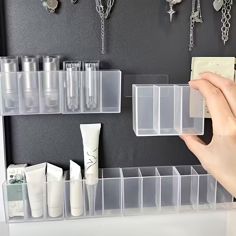 Transparent 3 Grid Wall Storage Box – Self Adhesive No Drill Organizer for Makeup Brushes, Lipstick, Pens, Perfume, Bathroom & Vanity Storage
