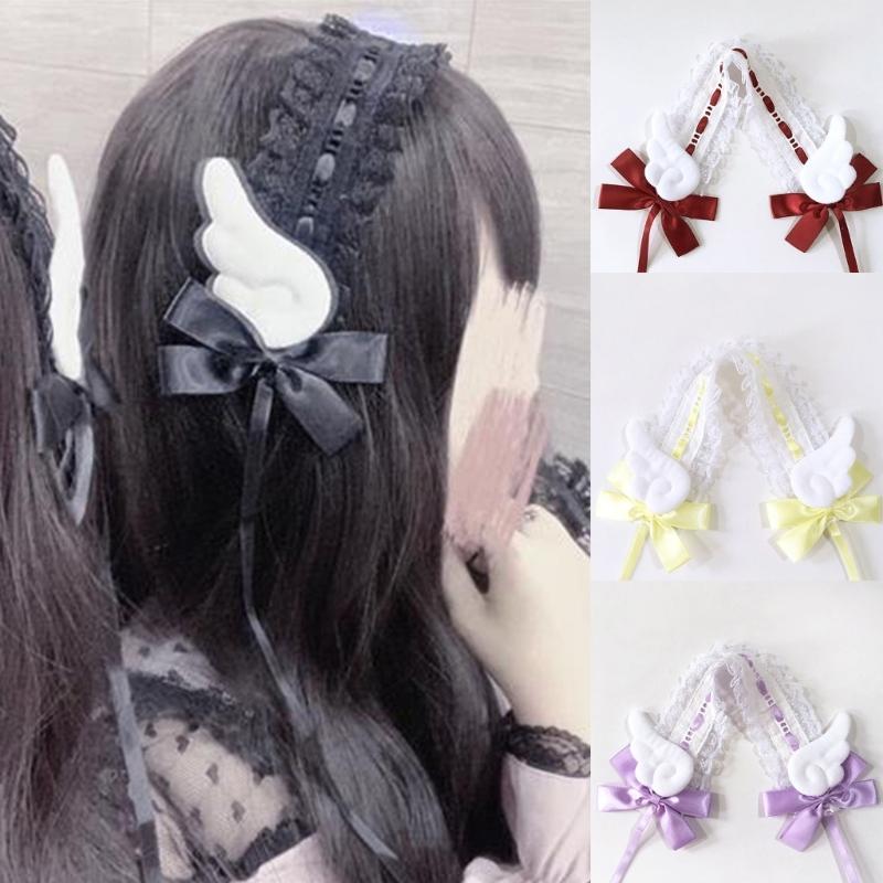 Women Hair Bands Maid Cosplay Headband Lolitas Lace Headwear with Cute Wings, Bowknot Decorations Hair Accessories