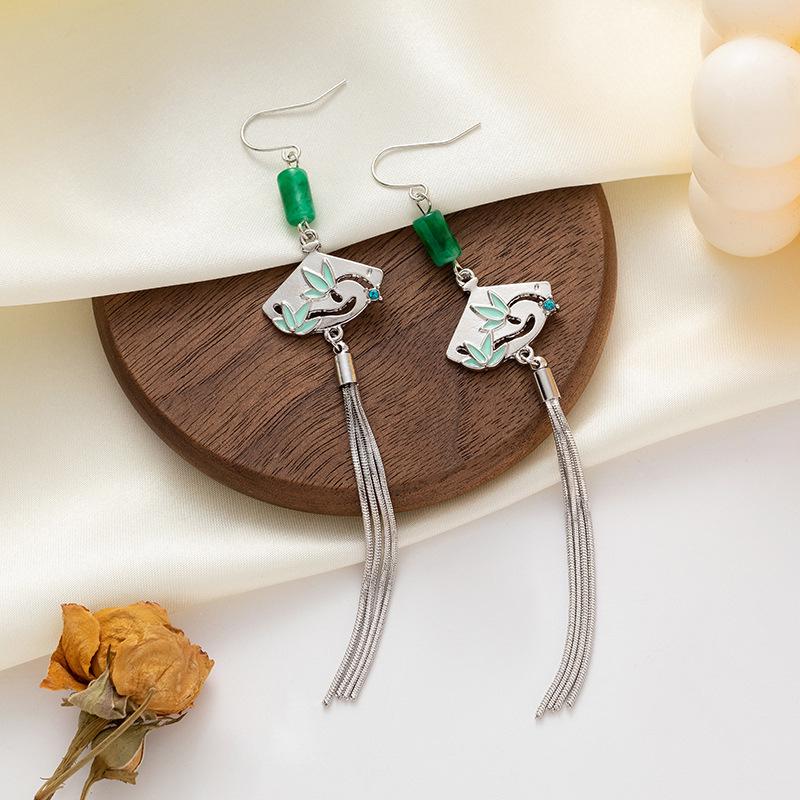 Chinese-Style Hollow Fan Bamboo Jade Earrings with Tassels