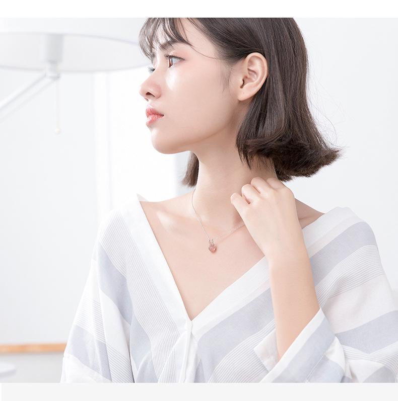 S925 Sterling Silver Antler & Strawberry Crystal Necklace for Women - Fresh, Cute, Simple Clavicle Chain