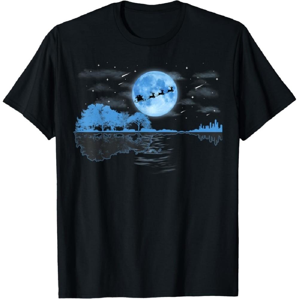 Christmas Guitar Lake Reflection Santa Claus Musician Guitar T-Shirt S