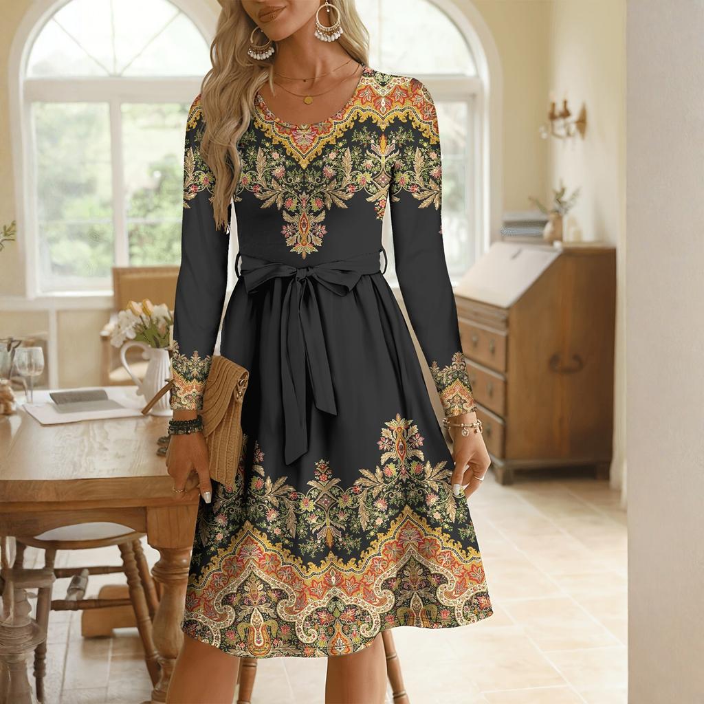 Women's Fashionable Retro Printed Color Blocked Waist Belt Casual Long Sleeved Dress