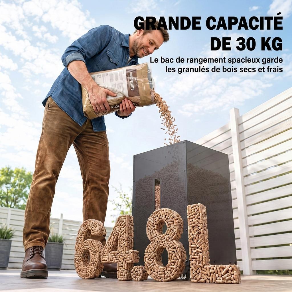 Ocelový zásobník na pelety, Kolečka, 30 kg, Černý