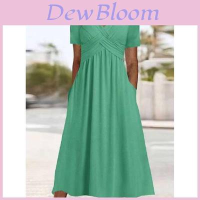 Casual Fall Solid Color V Neck Short Sleeve Dress With Pockets For Women