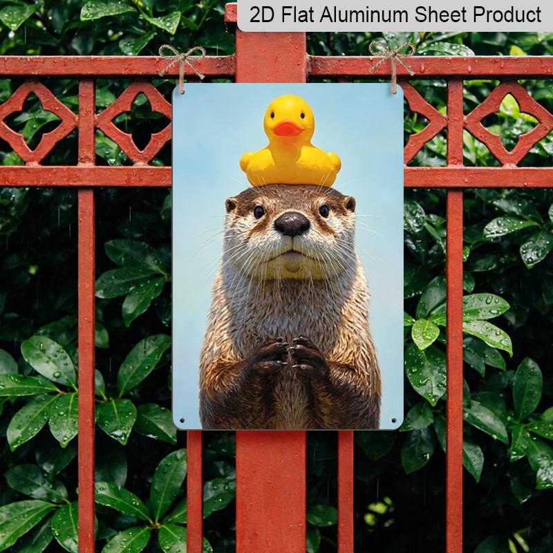 2D Flach, Niedlicher Otter mit Quietscheente auf dem Kopf Aluminiumschild - Lustige Tier-Wanddekoration Badezimmer-Dekoration, Kinderzimmer, Kinderzimmer, Tierliebhaber Heimdekoration