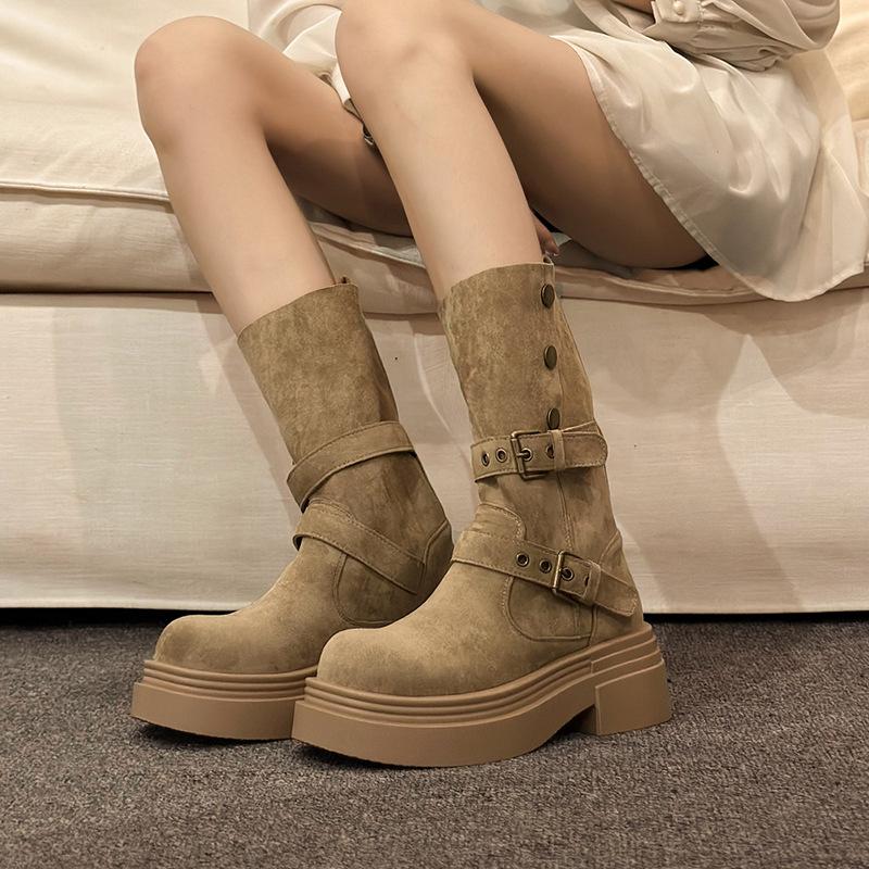 Fashion Boots Women's Autumn and Winter New Brown Thick-soled Two-wear Inner Height-increasing Small Medium Boots