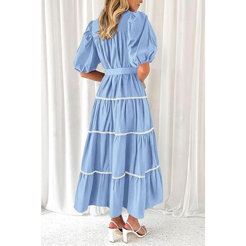 Elegantes Damen-Hemdkleid mit Rüschen in Übergröße, lockerer, plissierter Verband, Puffärmel, kurze Ärmel, Sommerkleid mit Knöpfen, modische Party-Prinzessinnenkleider 1078