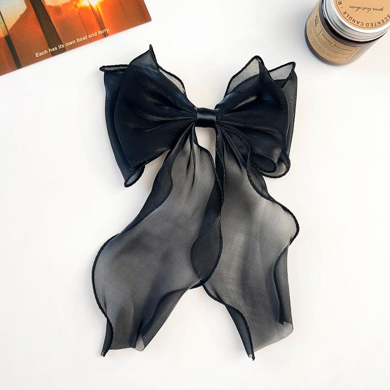 Grampo de Cabelo com Laço de Organza de Bolinhas Pretas Pinça de Cabelo de Fita Fofa para Mulheres Adorno de Cabeça Francês Acessórios de Cabelo Doces e Fofos Presilhas