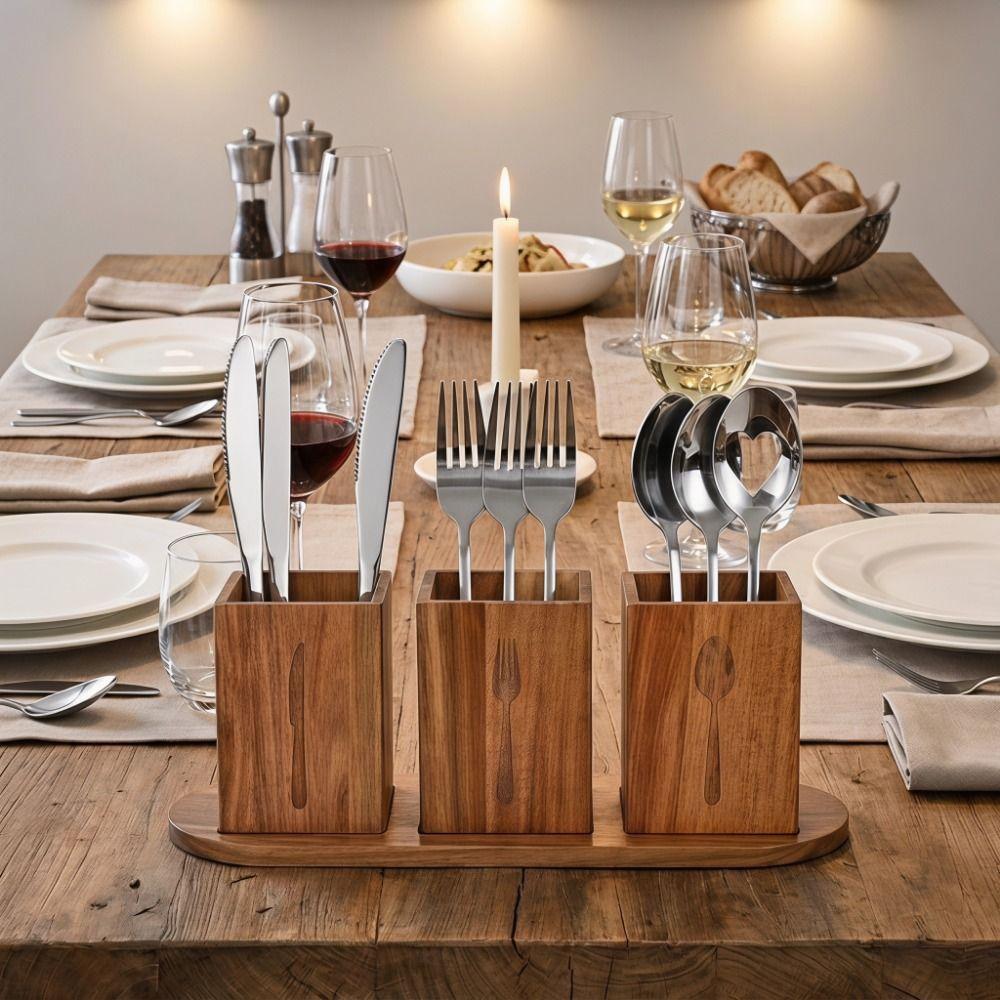 Space Saving 3 Compartment Cutlery Holder Wooden Flatware Organizer  Farmhouse