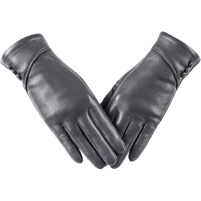 Winter Leather Gloves Women, Warm Wool Lining Touchscreen Texting