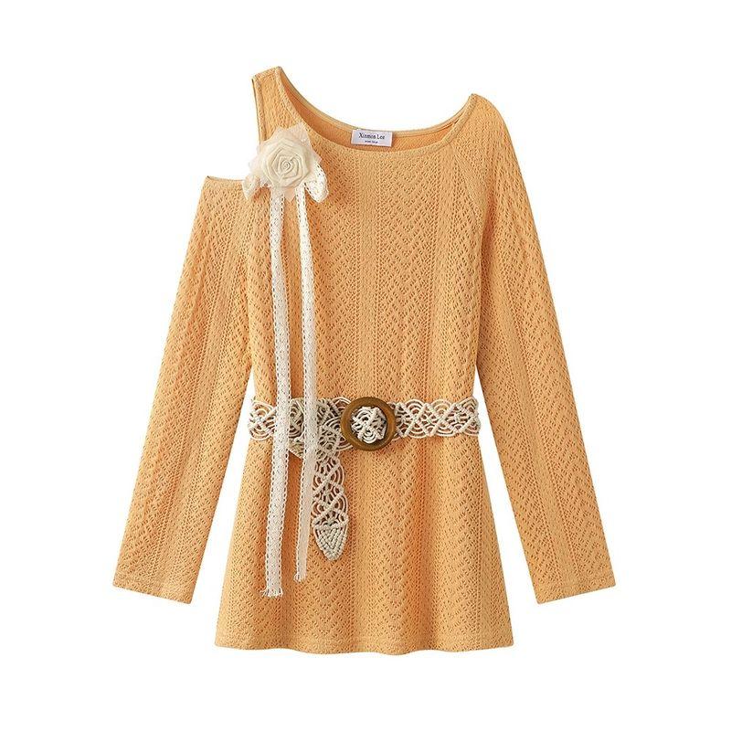 

Xinmonlee Western Style Age-Reducing Pure Desire Wind off-Shoulder Knit Three-Dimensional Flowers Chic French style Spring High Sense Shallow Orange L
