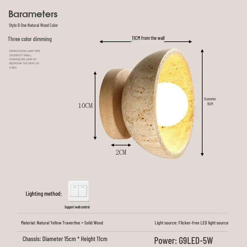 Japanese Wabi-Sabi Style Wall Lamp, Yellow Travertine Round, for Bedrooms, Restaurants, and Hallways