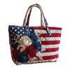 Quilted Tote Bag with American Flag Digital Print and Floral Appliqué Large Handbag with Double Handles for Everyday Use