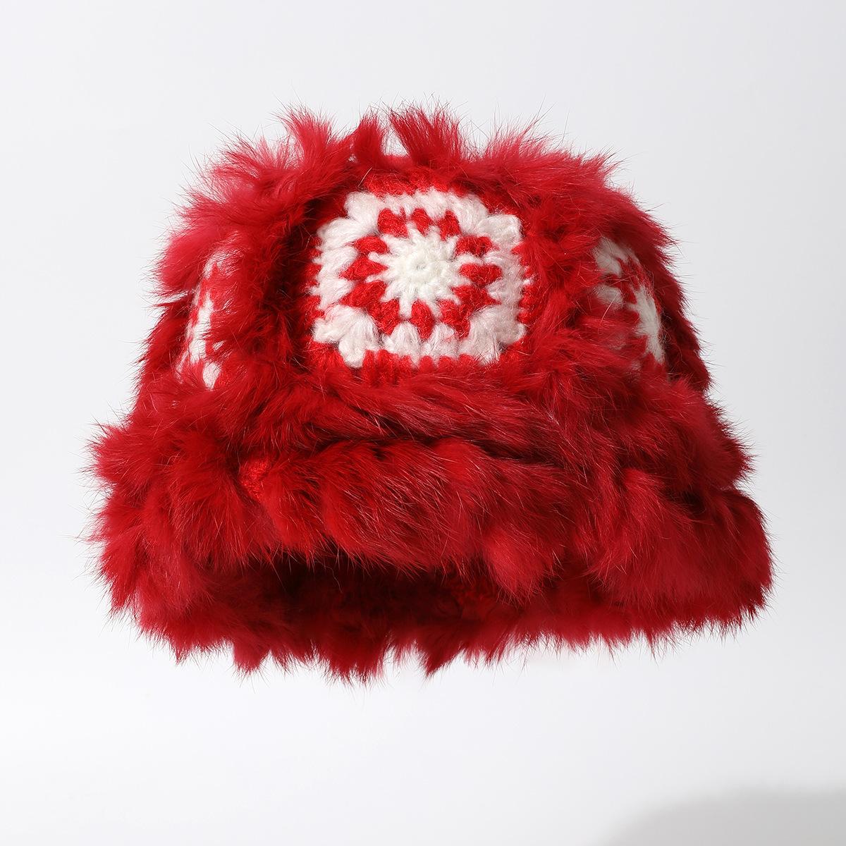 24 Years Thickened Warm Lion Hat Wool Hat Winter Sweet Cute Rabbit Fur Knitted Fluffy Hat Bucket Hat Big [plush hat] one size fits all