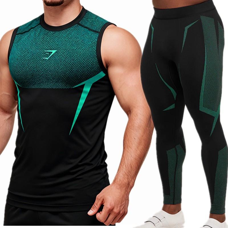 Mens Quick-Dry Compression Fitness Set Sleeveless Tank Top 9/10 Length Leggings Gym Workout Running