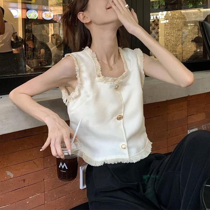 Summer French Style Sleeveless Tanks Stylish Tassel Spliced Female Clothing Basic Solid Color Elegant Square Collar Button Camis