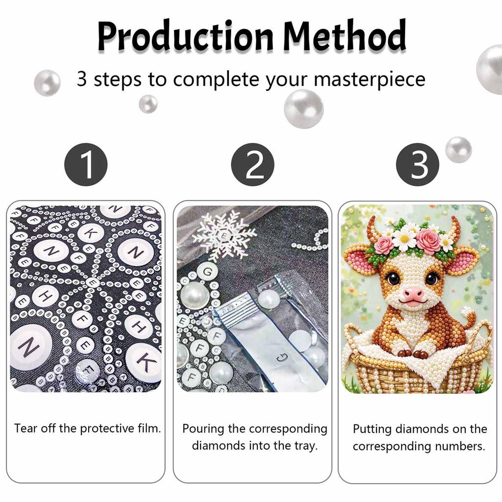 Cute Flower Cow Pearl Painting with Frame 3D Sparkling Canvas Art Relaxing Craft for Bedroom Wall Decor and Special Housewarming Gift