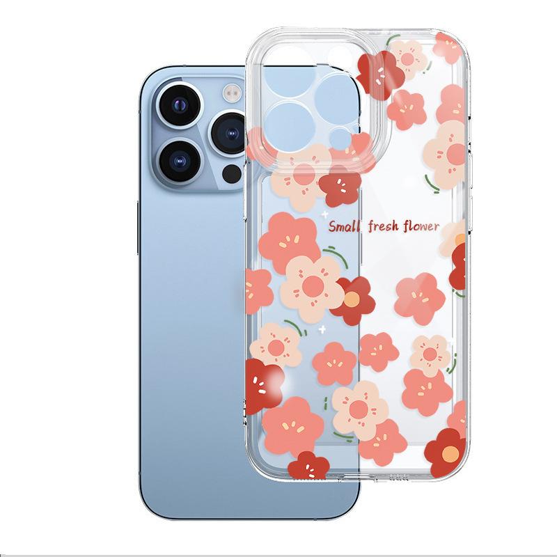 Summer mobile phone case iPhone15 red pink small floral transparent ultra-thin TPU soft case Apple 17p mobile phone case
