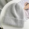 White wool hat showing face little rabbit fur female winter warm plush pile cold hat big head circumference knitted hat