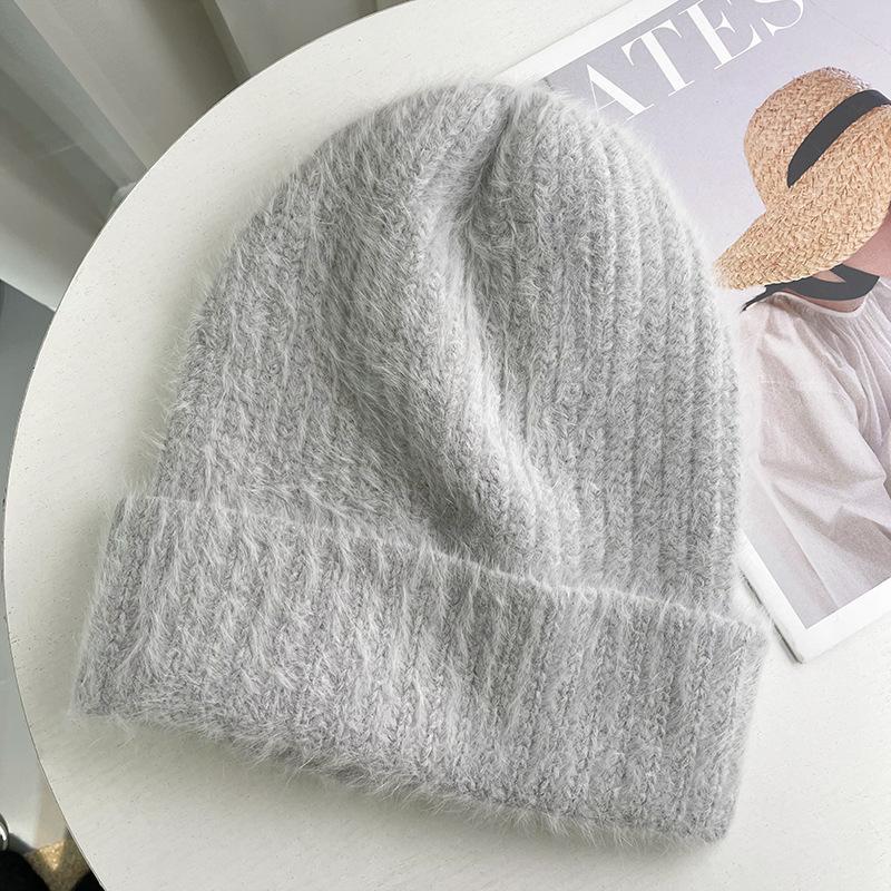 White wool hat showing face little rabbit fur female winter warm plush pile cold hat big head circumference knitted hat