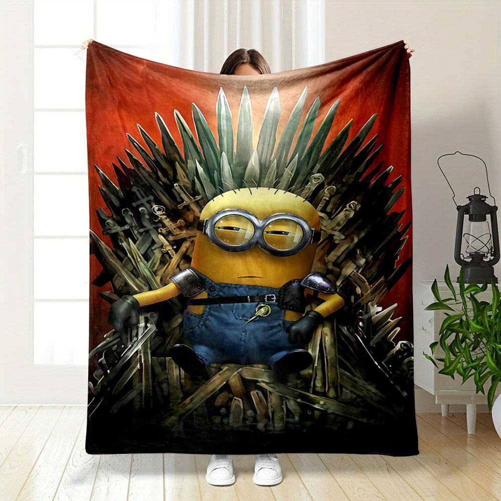 A Minion Sits On a Throne Made of Swords Against a Fiery Backdrop. for All Seasons Blanket Lunch Break Throw Gift 75X95CM