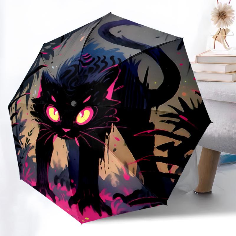1pc Black Cat Mystical Forest Automatic Open/close Umbrella, 8-Rib sturdy structure, Portable Travel Umbrella, Parties, Everyday Use Outdoor Accessory
