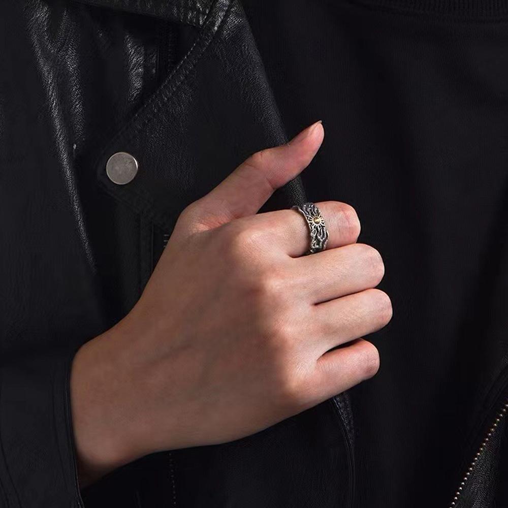 Retro Goldener Sonne Ring für Männer Silberfarben Punk Gothic Trendiger offener Ring Handgefertigter Designerschmuck Unisex-Accessoires Geschenk für Verliebte