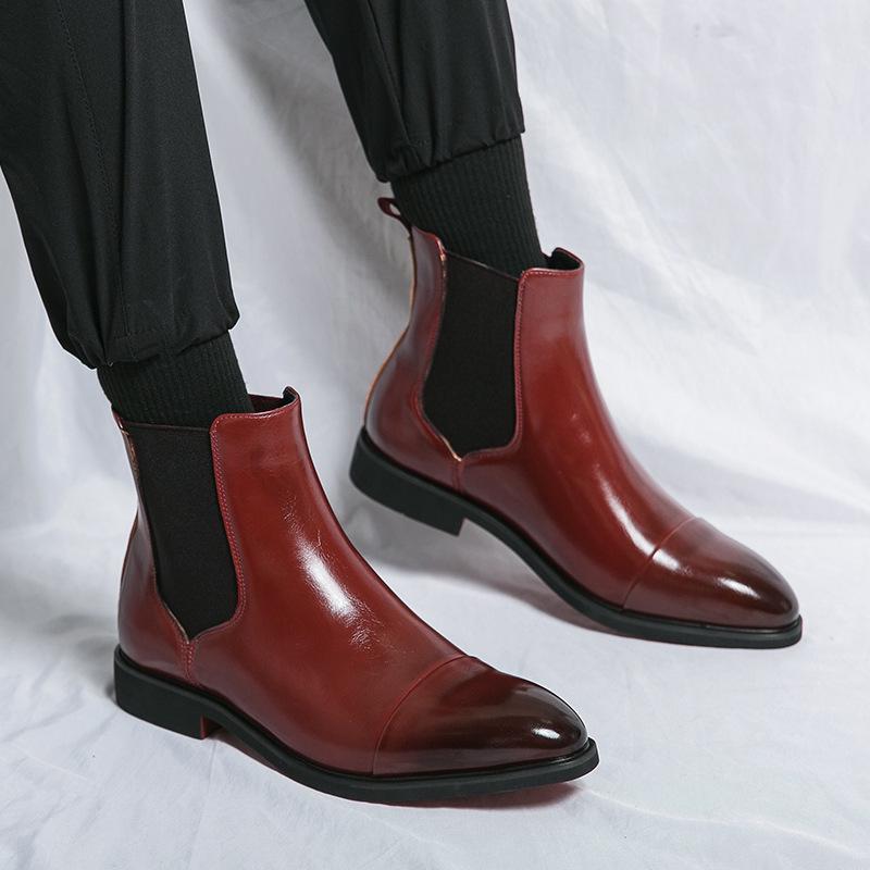 Men's European & American Style Plus Size Chelsea Boots, High-Top Pointed Leather, British Fashion Business Slip-On Short Boots
