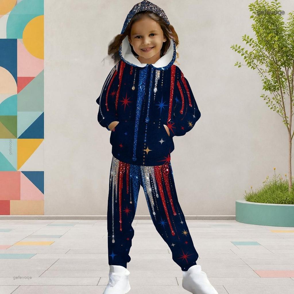 Girls Hooded Long Sleeve Star Printed Two Piece Set Red Blue White Kangaroo Pocket Cuffed Pants