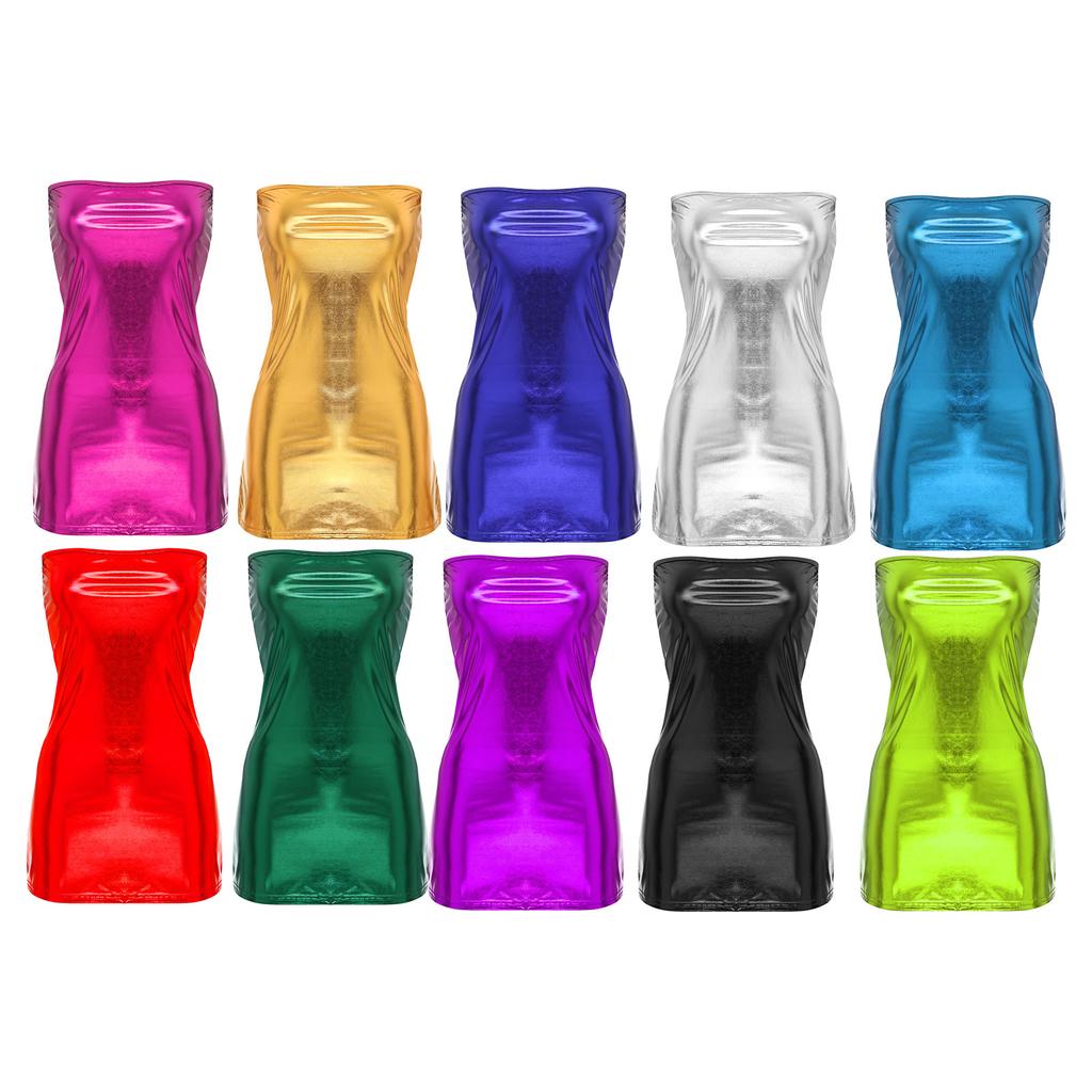 Kadın Parlak Metalik Askısız Tüp Elbise Rave Dans Partisi Kıyafetleri Kırmızı Tek Beden Paket Kalça Lateks Elbise