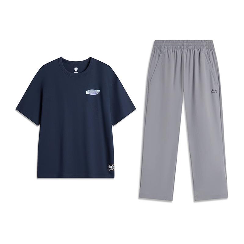

Li-Ning Letter Print Fashion Trend Loose Cotton Comfortable Versatile Round Neck Pullover Short Sleeve T-Shirt Casual Sports Suit AHSU149-6+AYKU589-3 M