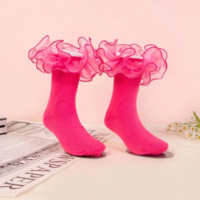 1 Pair Girls Puffy Lace Socks Children s Combed Cotton Lace Lace Socks Baby Girl Skirt Accessories Solid Color Socks XXS 0-6 months розы красного