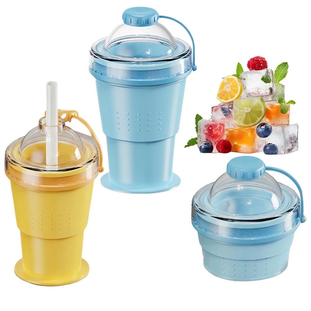 2-in-1 Collapsible Silicone Ice Ball Cup Reusable Portable Ice Sphere Mold with Straw Lid for Coffee Juice Drinks