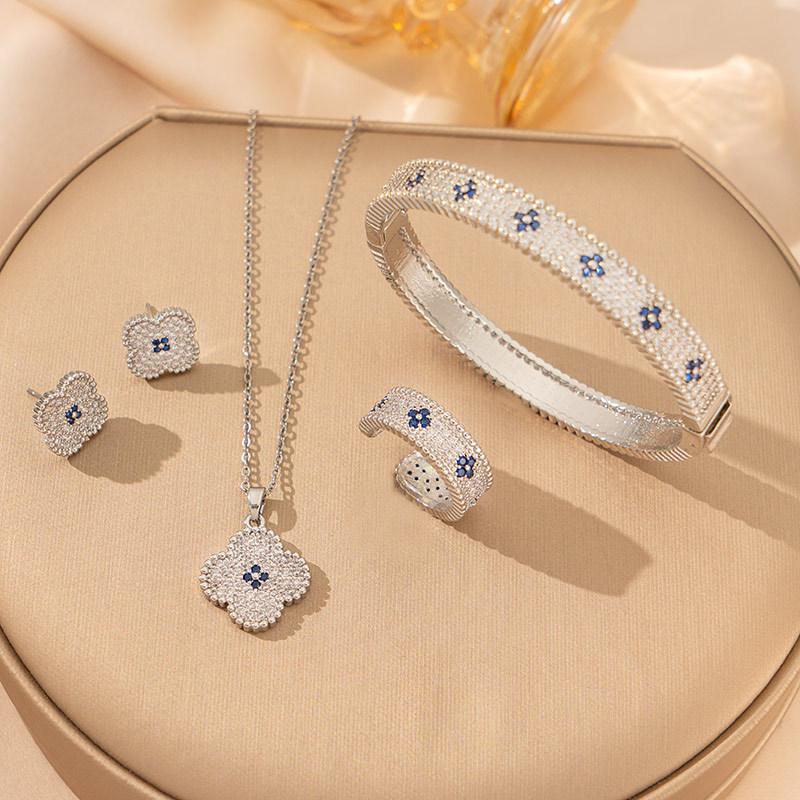 Zircon-embellished Titanium Steel Four-leaf Clover Necklace High-end Women's Earrings Pendant Ring Jewelry