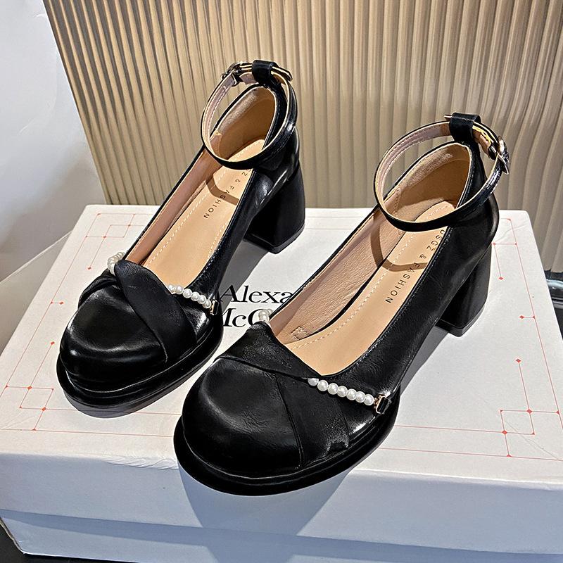 

Простые повседневные ретро французские туфли Мэри Джейн на толстом каблуке женские 2025 новые весенне-осенние с открытым верхом универсальные белые туфли на высоком каблуке 39 чёрный